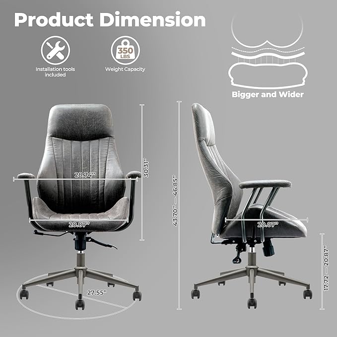 ovios Ergonomic Home Office Chair, Mid-Century Modern Faux Leather Chairs with Padded Armrests, Comfy High Back Swivel Rolling Executive Computer Armchair (Dark Grey, Suede Leather)-DeskLoop Office