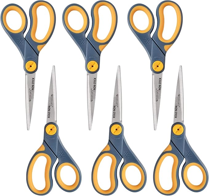 Westcott 17597 8-Inch Non-Stick Titanium Scissors For Office and Home, Blue/Gray, 6 Pack