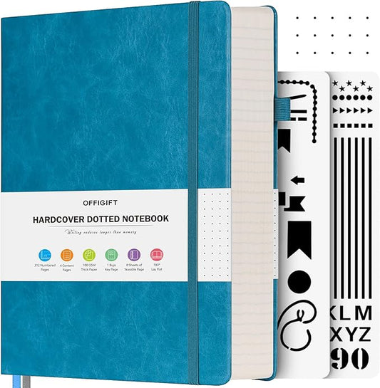 Bullet Dotted Journal Notebook, A5 Hardcover Dot Journal, 312 Numbered Pages Leather Journal, 100gsm No Bleed Paper Dot Grid Notebook with Index Pages for Women Men, 5.75" x 8.38", Blue-DeskLoop Office