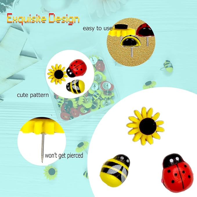 50 Pcs Animal Push Pins, DANUDON Bee Pushpins Sunflower Thumbtacks Decorative Bumble Bee Shaped Floret Thumb Tacks Decorations for Photo Wall Memo Cork Board Bulletin Board Map with Box-DeskLoop Office
