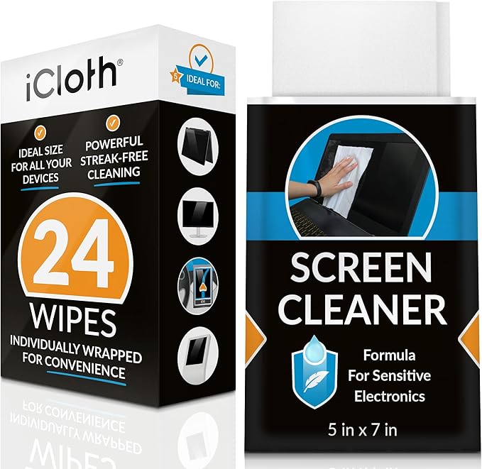 iCloth Large Screen Cleaning Wipes for Electronics, Lint-Free and Streak-Free, Fast-Drying, Removes Dust, Fingerprints, and Smudges (24 Wipes)-DeskLoop Office