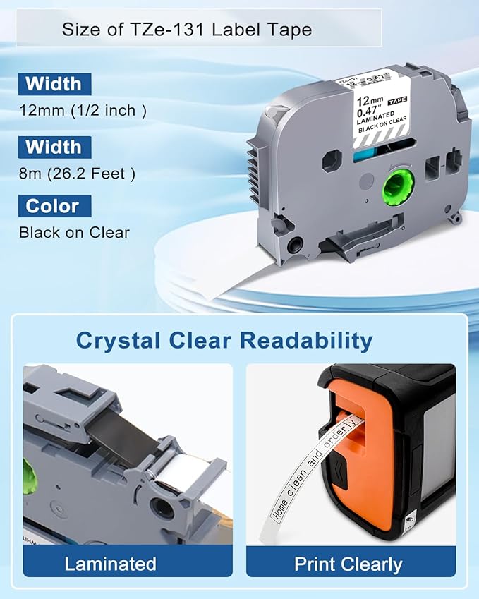 Clear Label Maker Tape Refill Compatible with Brother TZe-131 TZe131 TZe TZ Tape 12mm 0.47 Laminated Clear 1/2'' x 26.2' Black on Clear P Touch Label Tape for PT-D210 PTD220 PT-H110 PT-D600, 5 Pack-DeskLoop Office