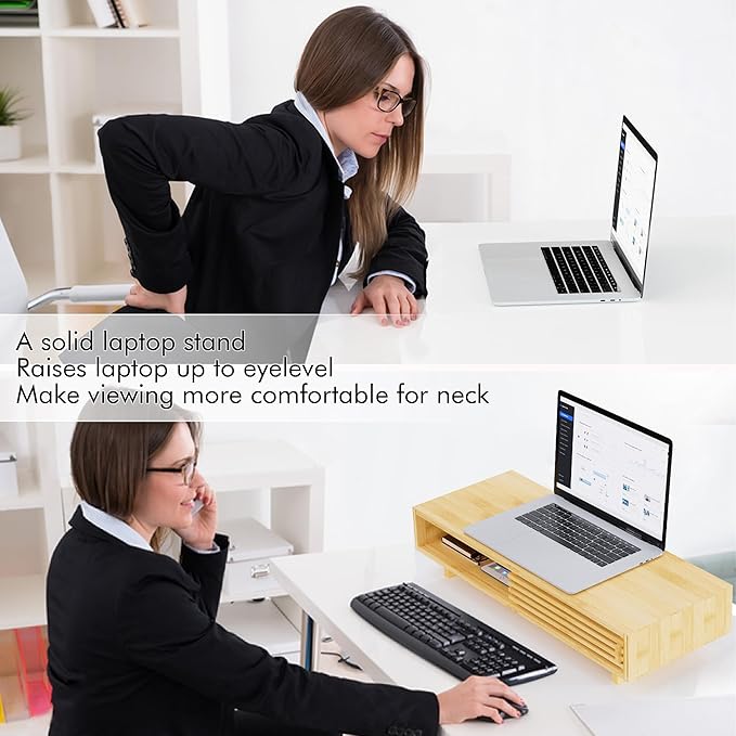 Zri Bamboo Computer Monitor Stand with Drawer, Dual Laptop Stand for Desk,Single Monitor Riser with Storage,Wood Office Desk Organizer & Accessories-DeskLoop Office