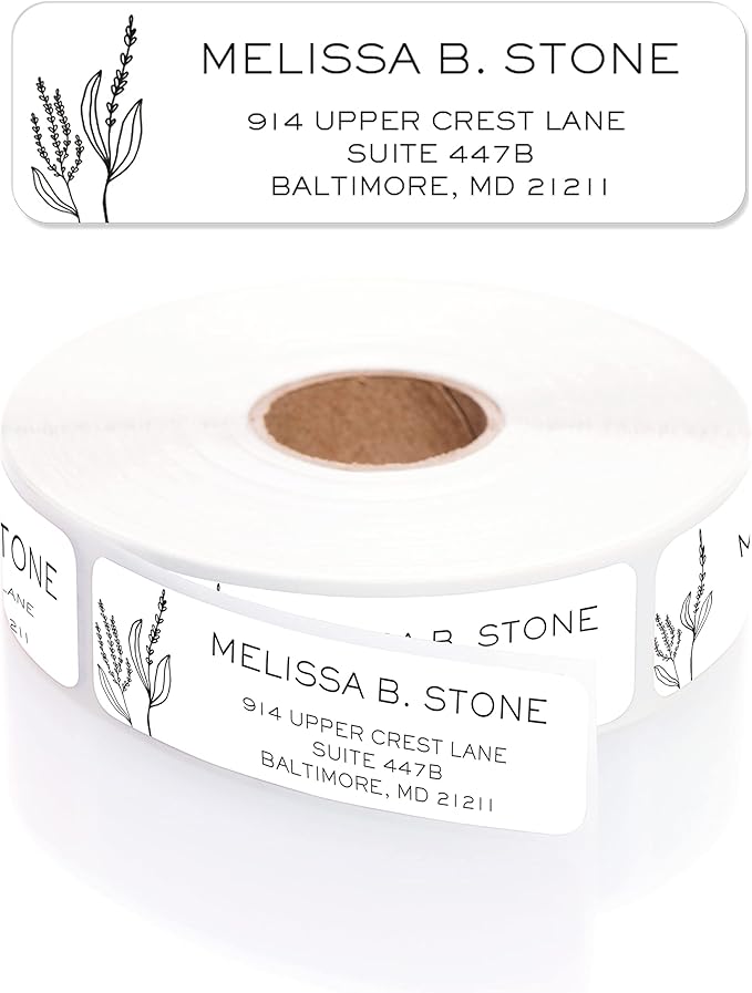 Simple Modern Flower Rolled Address Labels/Roll of 250 Floral Illustration Personalized Address Labels/Designer Return Address Stickers in Elegant Plastic Dispenser-DeskLoop Office