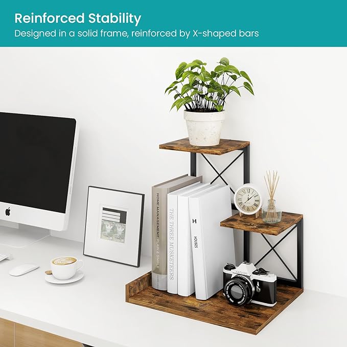 ELITEROO Desk Shelf Organizer, Wood Desktop Organizer Small Bookshelf, 3 Tier Storage Shelf Riser Display Stand for Office Decor and Desk Accessories, Rustic Brown Black-DeskLoop Office