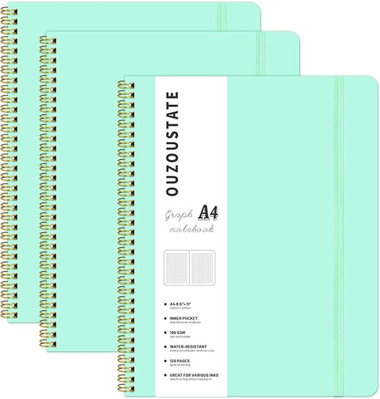 Graph Paper Notebook 8.5" x 11", A4 Mint Green Grid Notebook Journal Hardcover College Ruled Notebook for Work, 120 Pages 100GSM Large Thick Spiral Writing Journal for Women & Men-DeskLoop Office