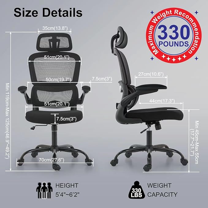 TRALT Office Chair Ergonomic Desk Chair, 330 LBS Home Mesh Office Desk Chairs with Wheels, Comfortable Gaming Chair, High Back Office Chair for Long Hours (Black)-DeskLoop Office