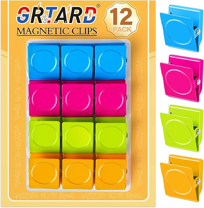 Grtard 12 Pack Magnetic Clips Heavy Duty, Colorful Strong Fridge Magnet Clips Heavy Duty, Metal Magnet Clips for Fridge, clip Magnets, Magnetic Clips for Refrigerator, Locker, Whiteboard, Home, Office-DeskLoop Office