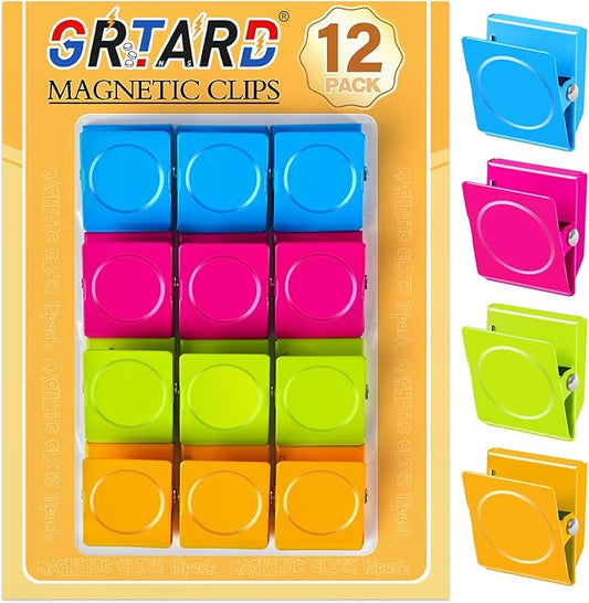 Grtard 12 Pack Magnetic Clips Heavy Duty, Colorful Strong Fridge Magnet Clips Heavy Duty, Metal Magnet Clips for Fridge, clip Magnets, Magnetic Clips for Refrigerator, Locker, Whiteboard, Home, Office-DeskLoop Office