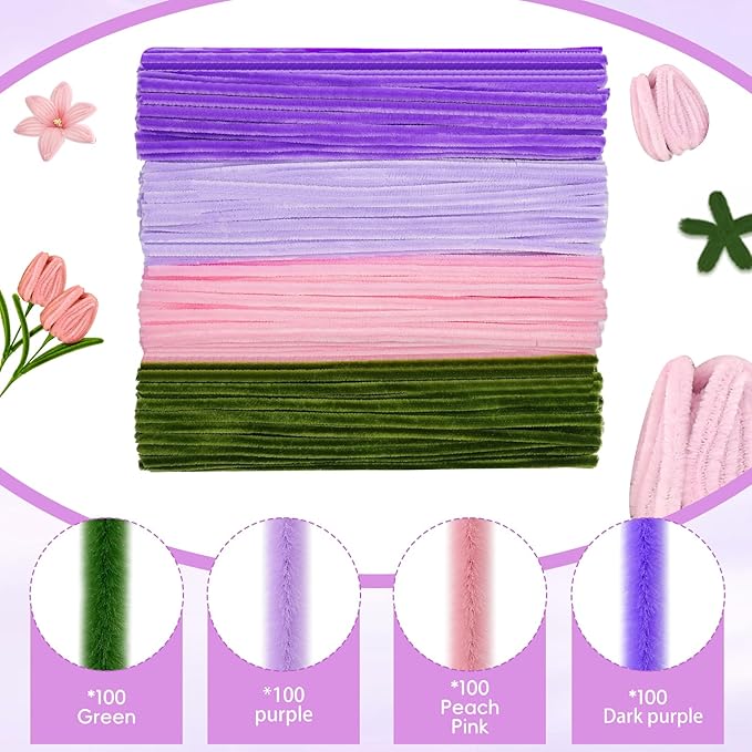 400 Pcs Chenille Stems Flowers Craft Kit,4 Colors Pipe Cleaners Bulk for DIY Floral Arrangements with Floral Wires, Gardening Tape,Hot Glue Stick,Greeting Card,Bouquet Paper, Stamen & Ribbon-DeskLoop Office