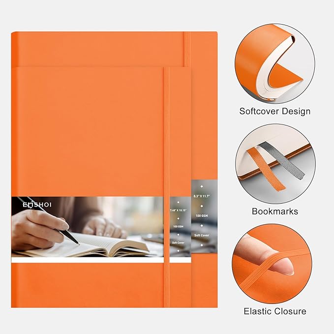 EMSHOI A4 College Ruled Notebook Journal- 400 Pages (200 sheets), 7mm Spacing & Vegan Leather Cover for Work, School, Bible Study, Bullet Journaling- with Sticky Notes, Pocket & Pen Holder - Orange-DeskLoop Office