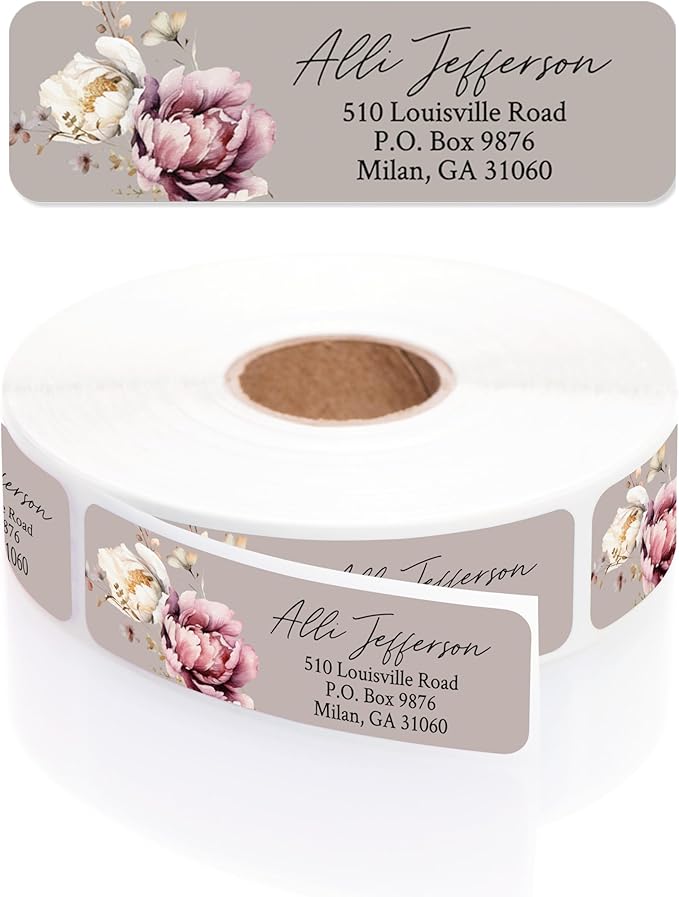 Taupe Watercolor Floral Rolled Address Labels / 250 Personalized Return Address Labels/Designer Address Stickers in Elegant Plastic Dispenser-DeskLoop Office