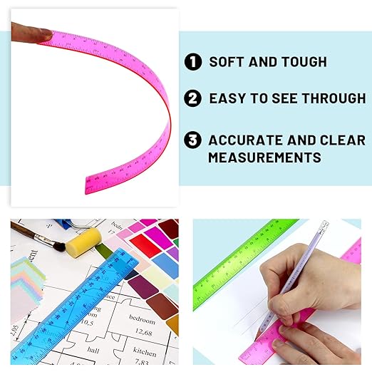 30 Pack Clear Ruler Plastic Rulers 12 Inch Transparent Assorted Color Kids Ruler Bulk for School with Centimeters Millimeter and Inches, Measuring Tools for Student School Office Home-DeskLoop Office