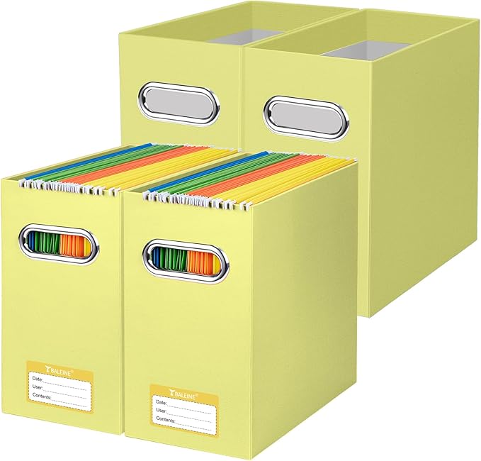 BALEINE File Organizer Box, Cardboard File Folder Organizer with Handle for Letter Size, Portable Collapsible Hanging Filing Box for Home Office Document Storage (4 Pack, Yellow)-DeskLoop Office