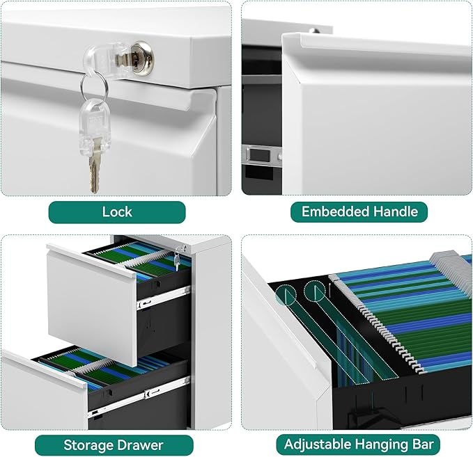 YITAHOME 2 Drawer File Cabinet with Lock, Mobile Metal Filing Cabinet for Letters/Legal/A4 Size, Home Office & Business Enterprise, Fully Assembled Except Wheels, White-DeskLoop Office