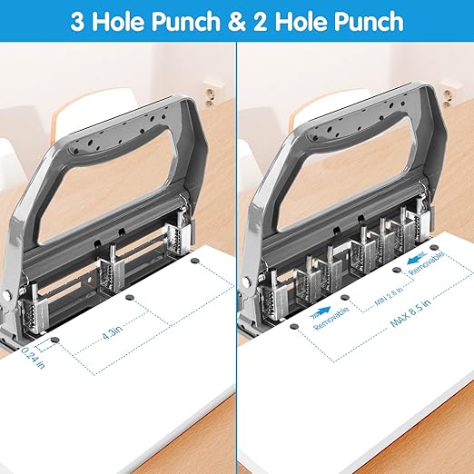 AFMAT Heavy Duty 3 Hole Punch, 50-Sheet, 50% Reduced Effort, Adjustable Two & Three Hole Punch, Metal Paper Puncher w/Large Chip Tray, Metal Paper Guide, Gray-DeskLoop Office