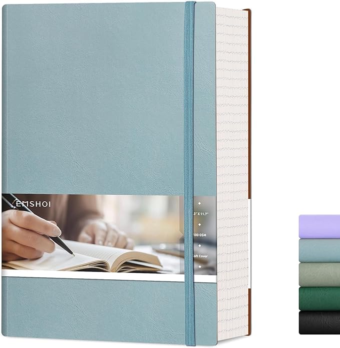 EMSHOI A4 College Ruled Notebook Journal- 400 Pages (200 sheets), 7mm Spacing & Vegan Leather Cover for Work, School, Bible Study, Bullet Journaling- with Sticky Notes, Pocket & Pen Holder - GrayBlue-DeskLoop Office