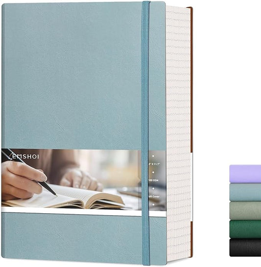 EMSHOI A4 College Ruled Notebook Journal- 400 Pages (200 sheets), 7mm Spacing & Vegan Leather Cover for Work, School, Bible Study, Bullet Journaling- with Sticky Notes, Pocket & Pen Holder - GrayBlue-DeskLoop Office