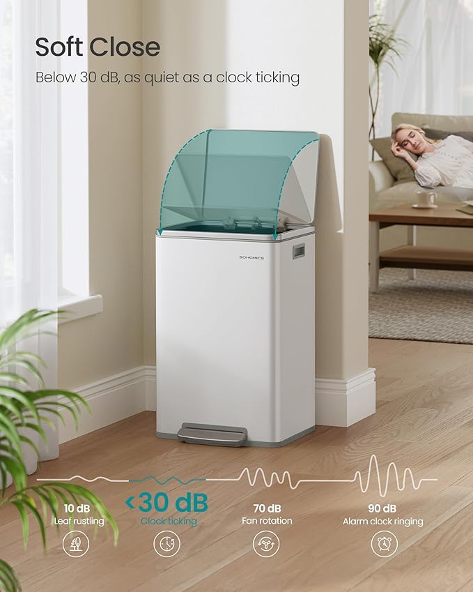 SONGMICS Trash Can, 13-Gallon Gabbage Can, with 15 Trash Bags, Steel, with Soft-Close Lid, Removable Inner Bucket, Handles, Cloud White ULTB595W01V1-DeskLoop Office