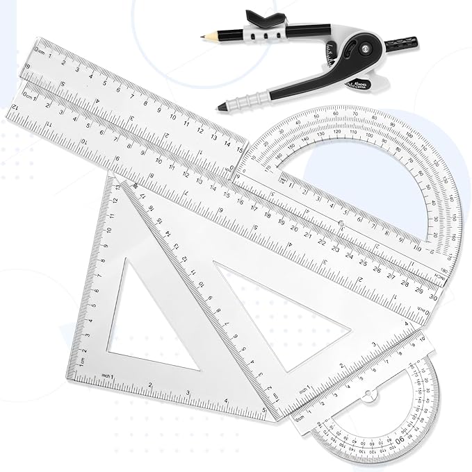 Zonon 1 Set Plastic Geometry Math Set 7 Pcs Includes 6'' / 4 '' Protractor, Drawing Compass, 45/60 Degree Triangle Rulers, 12'' / 6'' Math Ruler Transparent for Office Supplies(Clear)-DeskLoop Office