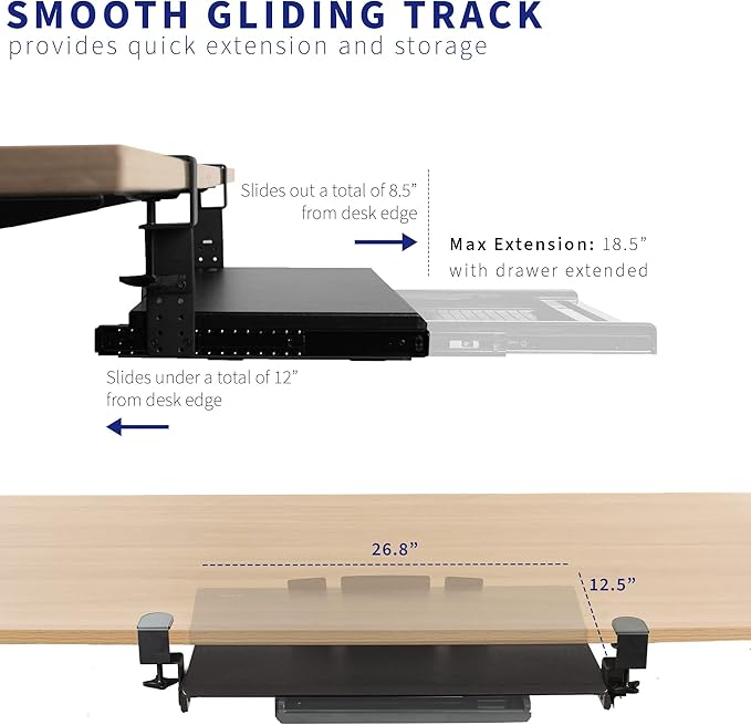 VIVO Large Clamp-on Height Adjustable Keyboard Tray, Pull Out Platform, Pencil Drawer, 27 (33 Including Clamps) x 11 inch Slide-Out Tray Storage Drawer, Black, MOUNT-KB05-4DH-DeskLoop Office