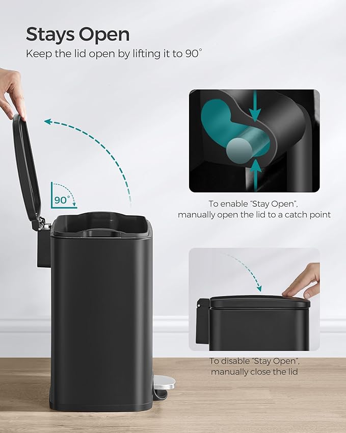 SONGMICS Trash Can, Garbage Can with Lid, 5.2-Gallon (20L) Step Trash Bin for Kitchen, Stainless Steel, Soft Close and Stays Open, Inner Bucket, Includes 15 Trash Bags, Black ULTB543B01-DeskLoop Office