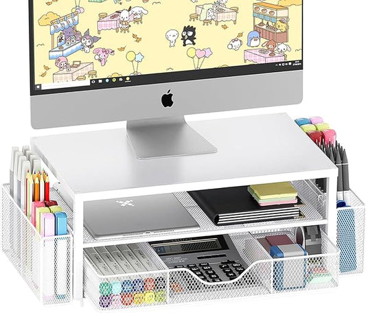 Desk Organizers and Accessories, 2-Tier Computer Monitor Stand Riser with Drawer and 2 Pen Holders, Laptop Stand, Office Desk Accessories for Office Supplies, White-DeskLoop Office