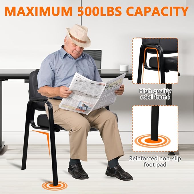 CLATINA Big & Tall 500 lbs Waiting Room Guest Chair, Leather Office Reception Chair No Wheels with Padded Arms for Elderly Home Desk Conference Room Lobby Side Salon Clinic, Black(2 Pack)-DeskLoop Office