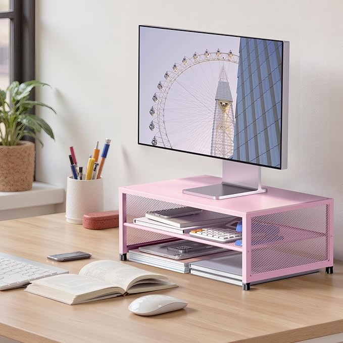 Computer Monitor Stand Riser, Desk Organizers and Accessories, Printer & Laptop Stand, Office Desk Accessories & Desktop Workspace Organizers for Office Supplies (Pink)-DeskLoop Office