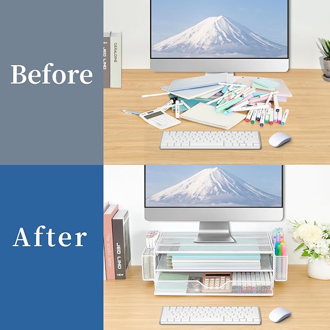 AUPSEN Computer Monitor Stands Riser,2-Tier Desk Organizers and Accessories, Office Desk Accessories Organizer with Drawers and 2 Pen Holder for Office Supplies (White)-DeskLoop Office