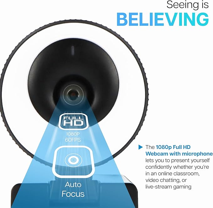 VisionTek VTWC40 Premium Autofocus Full HD 1080P 60FPS Webcam, Chromebook, Computer Video Camera, Digital Dual Microphones, Privacy Cover, 96-Degree Viewing Angle, Work, Study, & Stream (901442)-DeskLoop Office