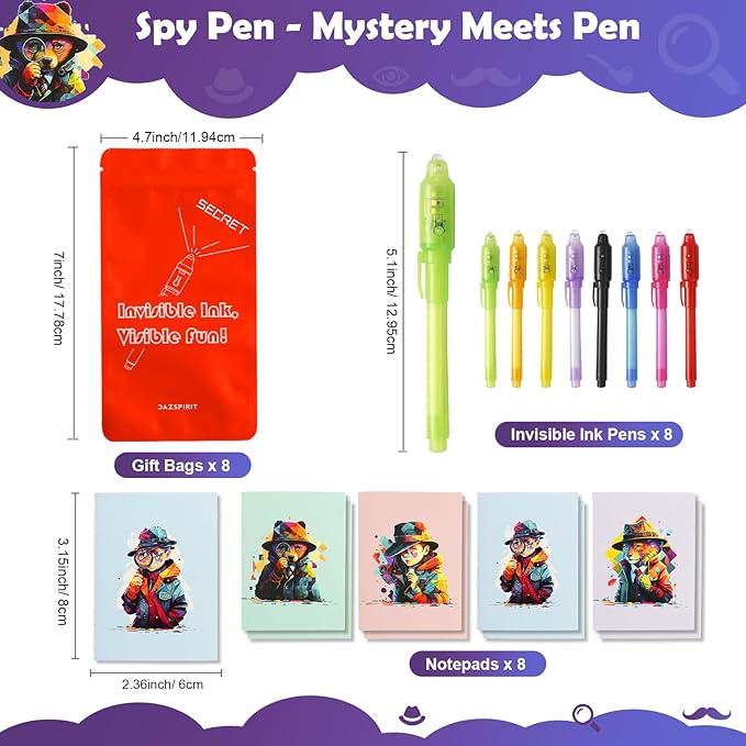 8Pcs Invisible Ink Pen Set with UV Light, Mini Notepads & Favor Bags, Magic Pen Disappearing Ink, Spy Pens for Kids, Fun Party Favors for Kids 8-12, Detective & Escape Room Themes-DeskLoop Office