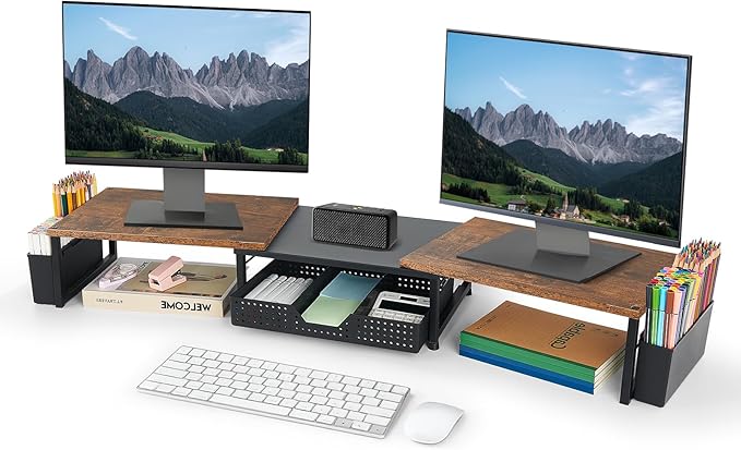 Desk Dual Monitor Stand Riser - Desk Organizer with Drawer and Pen Holders, Office Desk Accessories & Workspace Organization, Computer Monitor Stand for Laptop, Printer, TV, Office Decor, Wood-DeskLoop Office