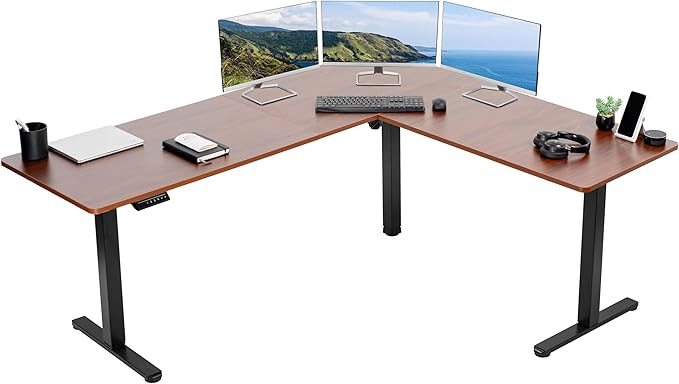 VIVO Electric Corner L-Shaped 75 x 63 in Standing Desk, Memory Height Adjustment, Dark Walnut Top Black Frame, DESK-E3CTD-75-DeskLoop Office