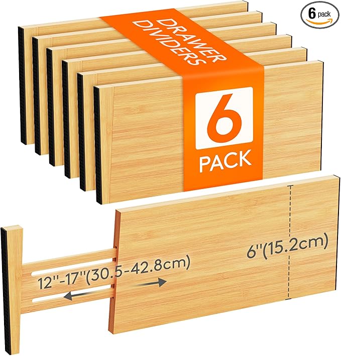 Lifewit 6 Pack Drawer Dividers Bamboo 6" High, 11-17" Adjustable Drawer Organizers for Clothes, Expandable Dresser Separators in Bedroom/Bathroom/Kitchen/Fridge/Office Organization and Storage-DeskLoop Office