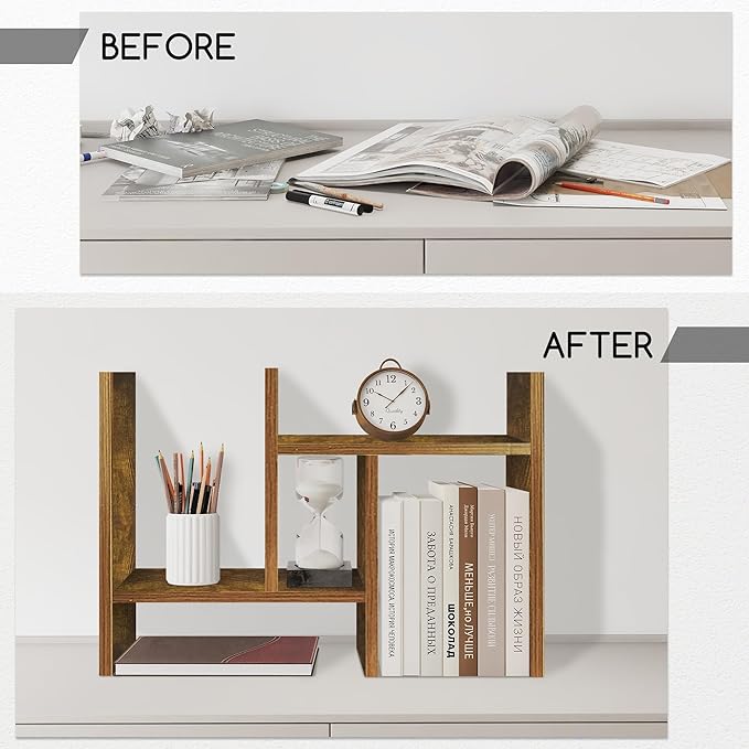 Jerry & Maggie Desktop Organizer Office Storage Rack Adjustable Wood Display Shelf Free Style Double H, Multi-Functional Mini Bookshelf for Desk Natural Stand (Natural Wood Tone)-DeskLoop Office