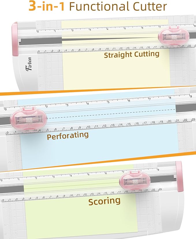 Firbon 3-in-1 Paper Cutter, 9" Compact A5 Paper Trimmer with Straight Cut, Scoring & Perforating Blades for Cardstock, Scrapbooking, Crafting, Labels & Home Office (Pink)-DeskLoop Office
