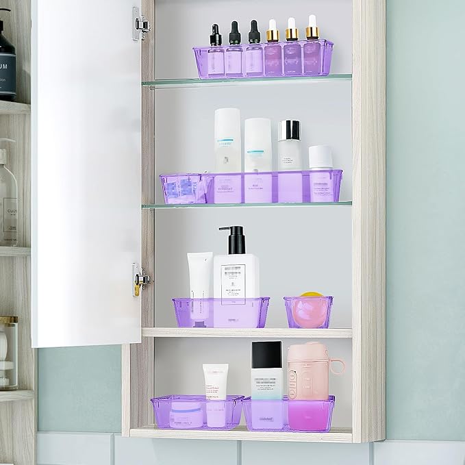 WOWBOX 25 PCS Plastic Drawer Organizer Set, Desk Drawer Divider Organizers and Storage Bins for Makeup, Jewelry, Gadgets for Kitchen, Bedroom, Bathroom, Office, Clear Purple-DeskLoop Office