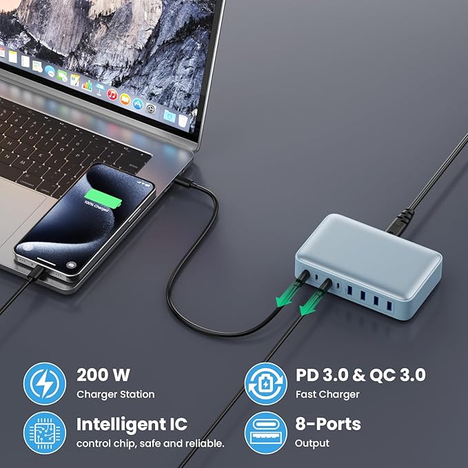 USB C Charger 200W USB C Charger Block,Upgraded GaN III 8-Port Fast Charging Station Hub,PD 65W Laptop Charging Adapter Compatible with MacBook Pro/Air,DELL,Steam Deck,iPhone 16/15/14,Galaxy S23/22-DeskLoop Office
