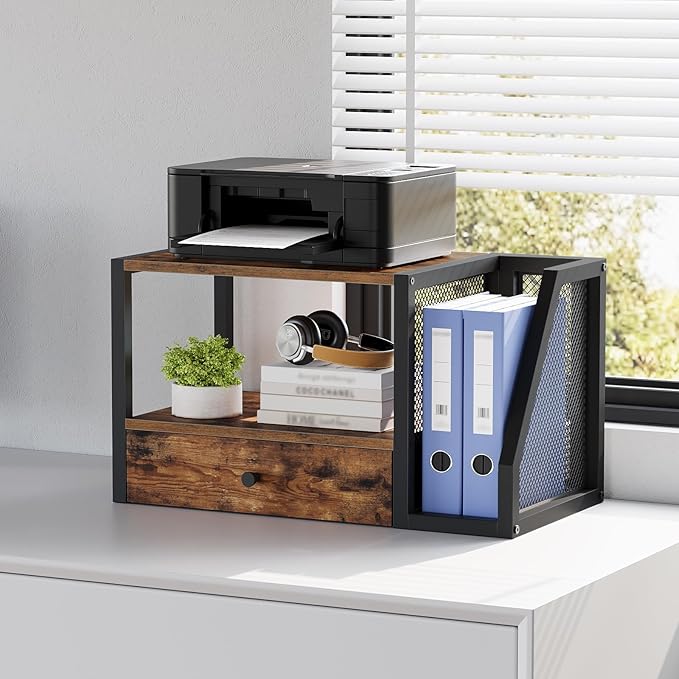 Home Printer Stand for Desk, Desktop Printer Table with Storage Drawer and Side Book Stand, 2-Tier Printer Shelf, Desk Organizer for Home Office, Rustic Brown and Black PTHR3001-DeskLoop Office