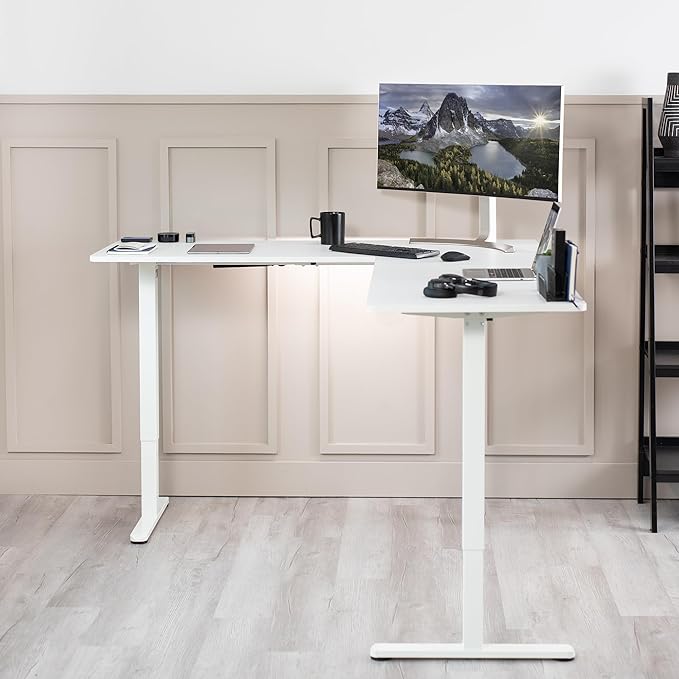 VIVO Electric Corner L-Shaped 75 x 63 in Rustic Standing Desk, Memory Height Adjustment, White Top White Frame, DESK-E3CTW-75-DeskLoop Office