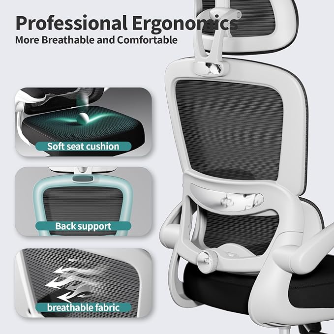 TRALT Office Chair Ergonomic Desk Chair, 330 LBS Home Mesh Office Desk Chairs with Wheels, Comfortable Gaming Chair, High Back Office Chair for Long Hours (Black & White)-DeskLoop Office