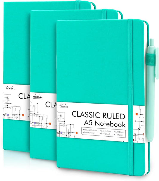 feela 3 Pack Notebooks Journals Bulk, Hardcover Notebook Classic Ruled Lined Journals with Pen Holder for Women Girls School Business Supplies, with 3 Black Pens, 120 GSM, 5.1”x8.3”, A5, Aqua-DeskLoop Office