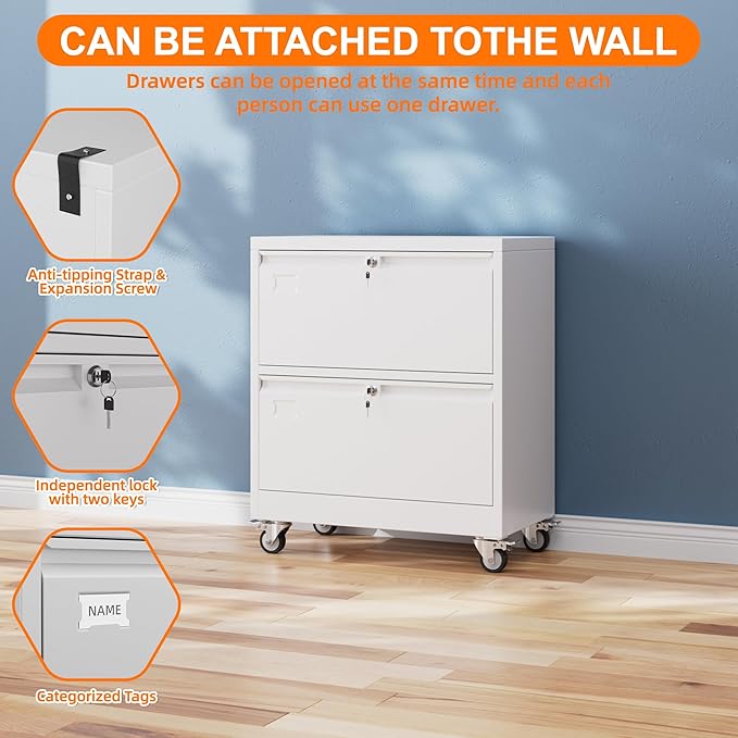 Aobabo Metal 2 Drawer Lateral File Mobile Cabinet with 2 Lock, File Cabinet with Wheels and Adjustable File Bars for Office,Home, for Letter/Legal Size,White, Assembly Required-DeskLoop Office