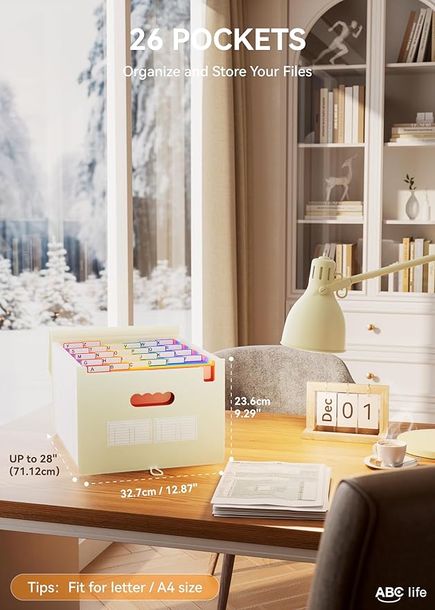 ABC life 26 Pockets Accordian File Organizer Expanding File Folders, Portable Letter A4 Size Filing Box,Plastic Monthly Receipt Document Organizer with Colored Tabs (Beige Color)-DeskLoop Office