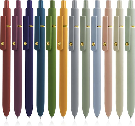 Gel Pens, 12 Pcs Black Ink Pens for Women, 0.5mm Fine Point Smooth Writing Pens, High-End Series Retractable Pens for Journaling Note Taking (12 Pcs Gold Morandi and Vintage)-DeskLoop Office