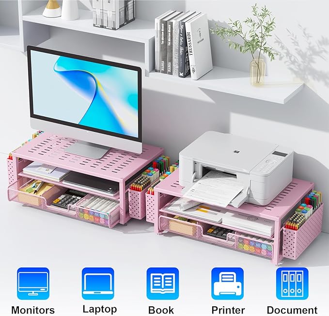 gianotter Desk Organizers and Accessories, Monitor Stand with Drawer and 2 Pen Holder, Desktop Organizer Suitable for Offices and Dormitories (Pink)-DeskLoop Office