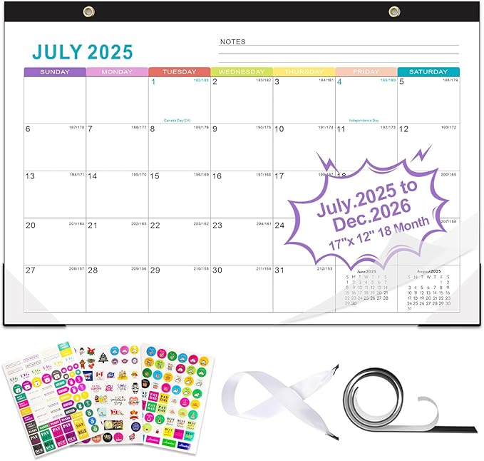Gannyfer 2025-2026 Desk Calendar, Fridge Calendar Magnet, 18 Monthly Large Yearly Desktop/Wall Calendar, July 2025 - Dec 2026, with Plastic Cover Hanging String Corner Protectors, 17" x 12", Organizers for Office, Home and School (3 Sticker)-DeskLoop Office