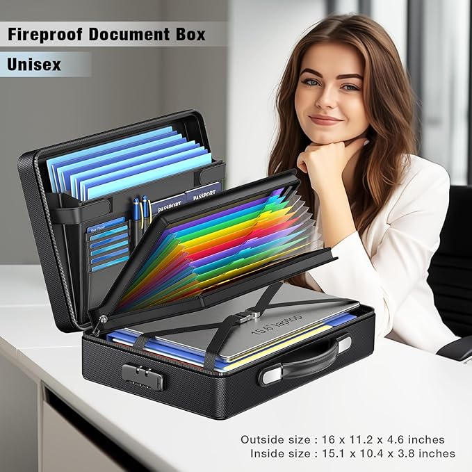 Fireproof Document Box with Fireproof Zipper, Hard Inner Shell Fireproof Document Bag with Lock, Fireproof Water Resistant Important Document Organizer 16 inch Laptop File Briefcase (Black)-DeskLoop Office