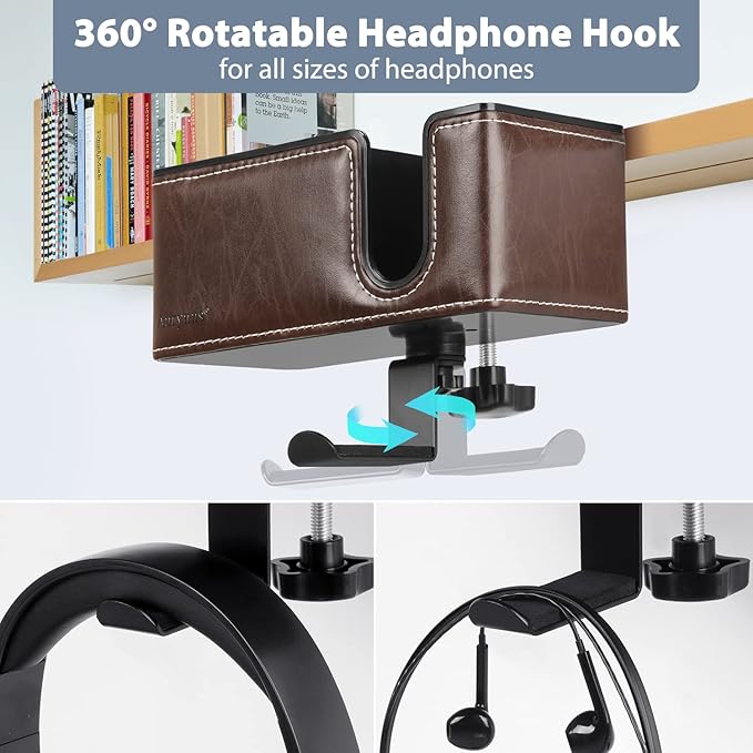Desk Cup Holder Clip on Pen Holder Headphone Hanger Headset Stand Rotatable Clamp Hook Under Desk (Brown)-DeskLoop Office